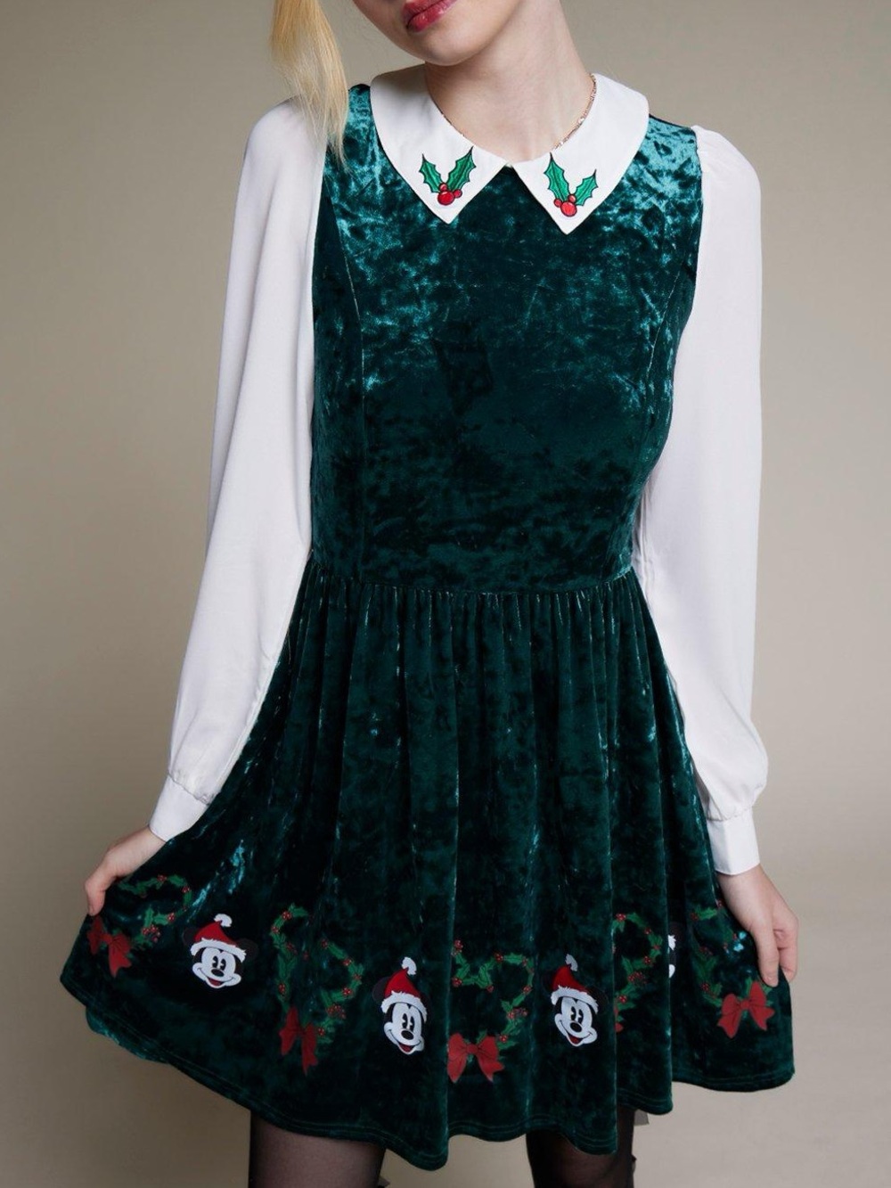 Disney Christmas Green Velvet Dress with White Collar and Embroidered Trim